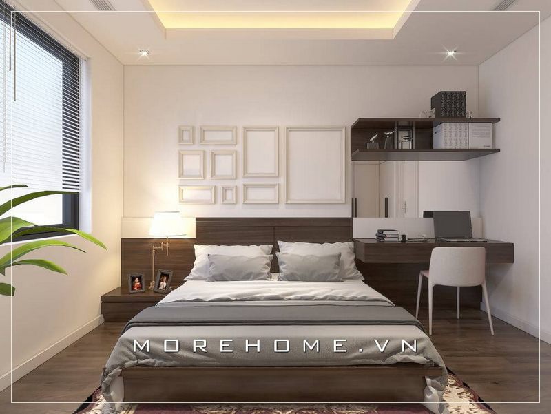 Giường ngủ gỗ công nghiệp ấn tượng, gam màu nâu chủ đạo tạo điểm nhấn cho cả không gian phòng ngủ nhà phố nhỏ